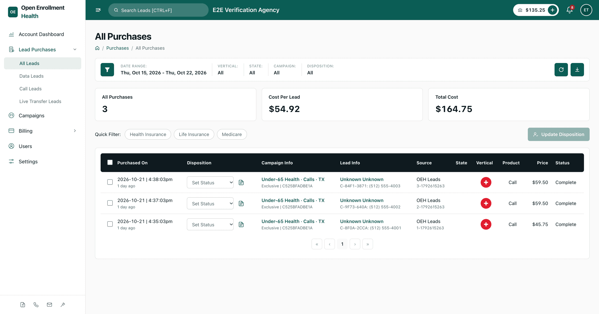 The purchases report in the portal: every purchased call with campaign, lead info, source, price, and status